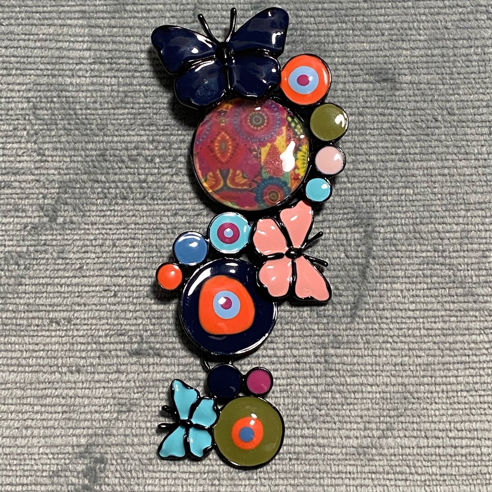 Vintage decorative dangling, colorful enameled pin 3.5 inches long butterflies